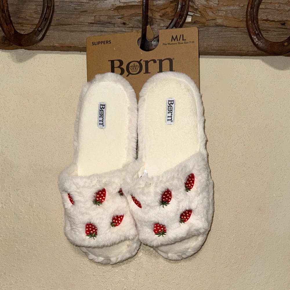 Born Cream strawberry Plush Slippers